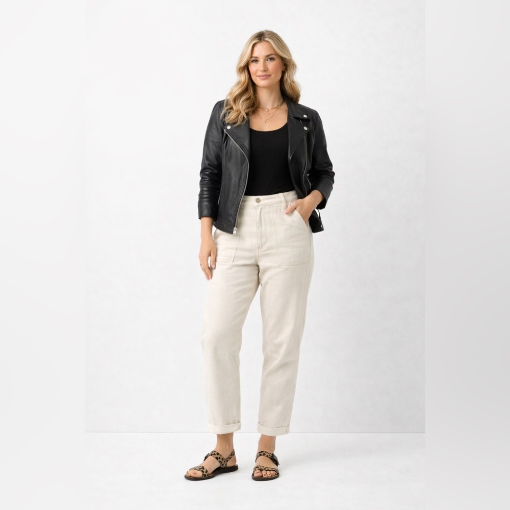 Madewell Cream High Rise Straight Crop Pants Small Elastic Waist Patch Pocket